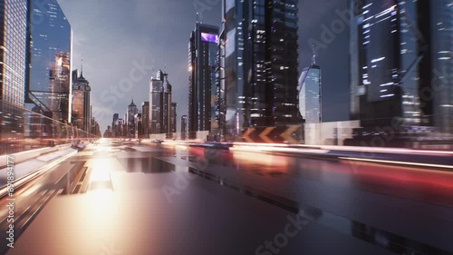 Futuristic City with Skyscrapers and Road Sci-Fi Cinematic Backdrop Loop