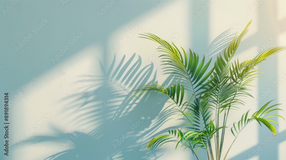 Sunlight casting shadows of palm plant leaves on light wall Sunlight casting shadows of palm plant leaves on light wall