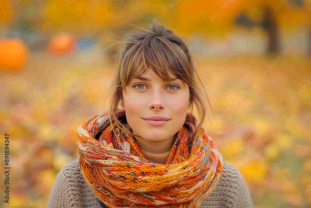 Portrait of a beautiful Caucasian woman with light brown hair and a scarf around her neck in a park in autumn Portrait of a beautiful Caucasian woman with light brown hair and a scarf around her neck in a park in autumn
