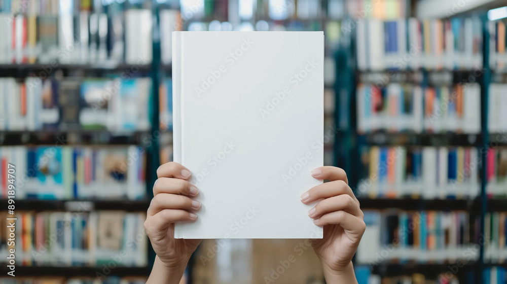 Close up blank book cover mockup being held by a person in a library, Hands Holding Blank Book in Library, Educational Resource, Literature, Knowledge, Book Cover. Close up blank book cover mockup being held by a person in a library, Hands Holding Blank Book in Library, Educational Resource, Literature, Knowledge, Book Cover.