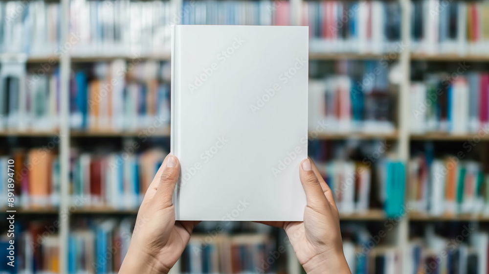 Close up blank book cover mockup being held by a person in a library, Hands Holding Blank Book in Library, Educational Resource, Literature, Knowledge, Book Cover. Close up blank book cover mockup being held by a person in a library, Hands Holding Blank Book in Library, Educational Resource, Literature, Knowledge, Book Cover.