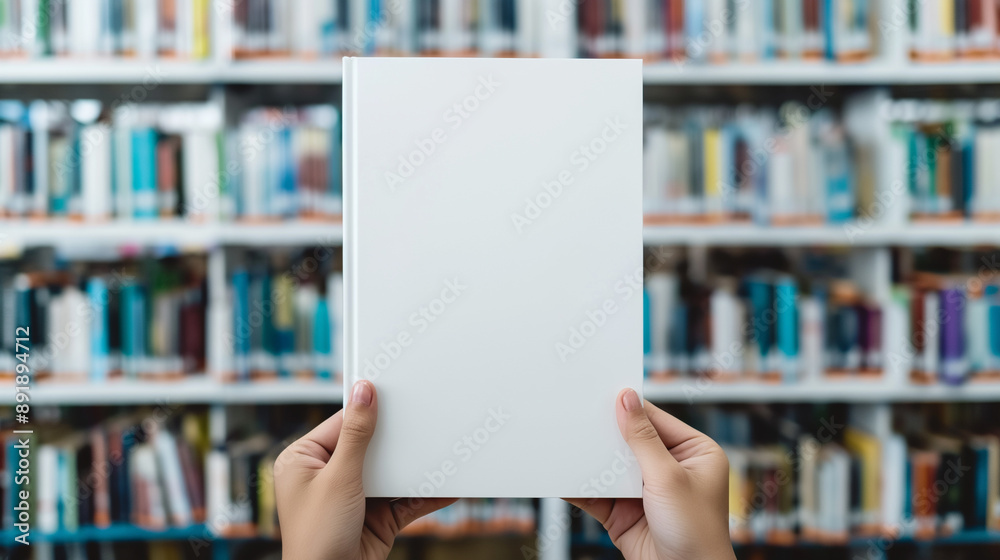 Close up blank book cover mockup being held by a person in a library, Hands Holding Blank Book in Library, Educational Resource, Literature, Knowledge, Book Cover. Close up blank book cover mockup being held by a person in a library, Hands Holding Blank Book in Library, Educational Resource, Literature, Knowledge, Book Cover.