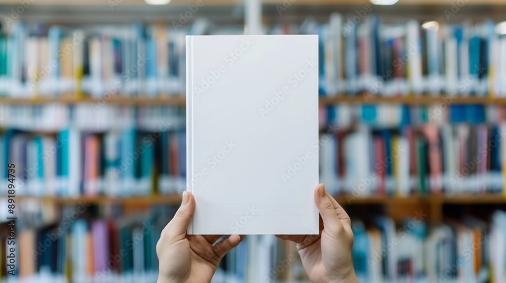 Close up blank book cover mockup being held by a person in a library, Hands Holding Blank Book in Library, Educational Resource, Literature, Knowledge, Book Cover. Close up blank book cover mockup being held by a person in a library, Hands Holding Blank Book in Library, Educational Resource, Literature, Knowledge, Book Cover.