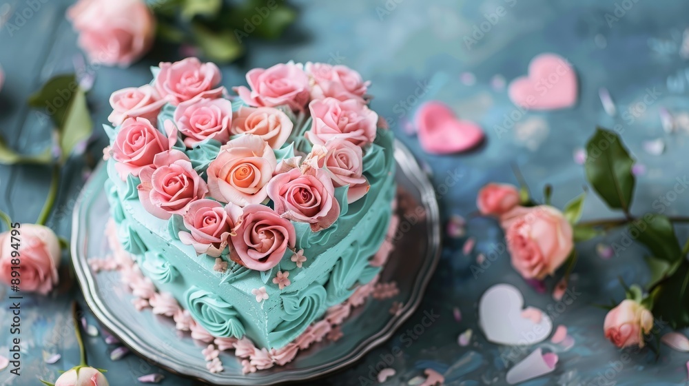 Pink rose bouquet and heart shaped cake with blue icing and flowers Pink rose bouquet and heart shaped cake with blue icing and flowers