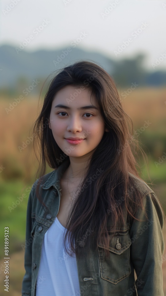 A young woman with long black hair smiles while wearing a green jacket in a field A young woman with long black hair smiles while wearing a green jacket in a field