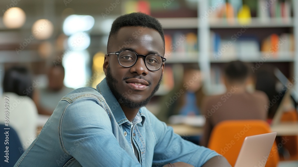 A Black man smiles while working on laptop in library A Black man smiles while working on laptop in library