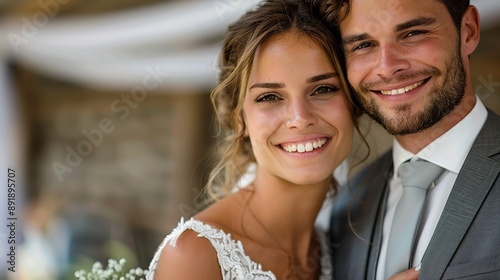 A joyful couple celebrates their wedding day, radiating love and happiness in a beautiful outdoor setting.