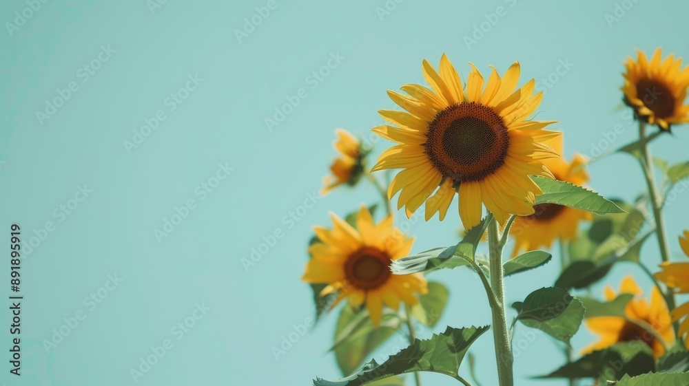 Obraz premium Bright yellow sunflowers against clear blue sky background