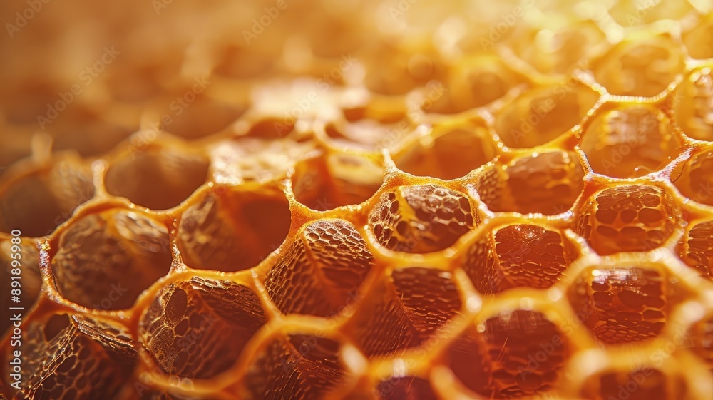 Close-up of honeycomb structure in sunlight, showing hexagonal cells Close-up of honeycomb structure in sunlight, showing hexagonal cells