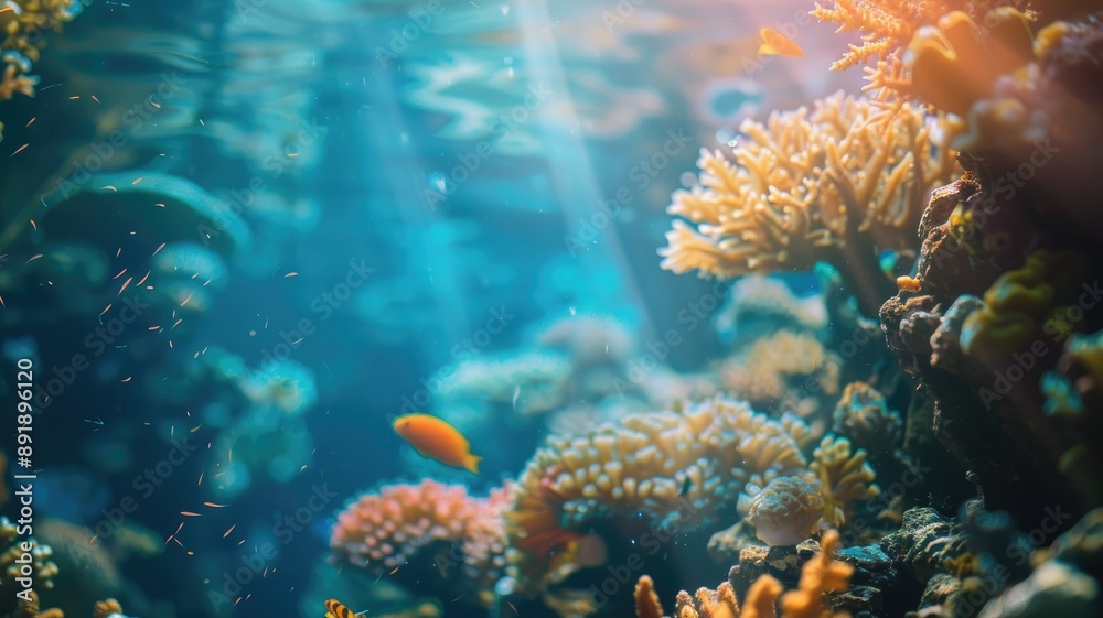 Vibrant underwater scene of coral reefs and fish in clear blue water, illuminated by sunlight