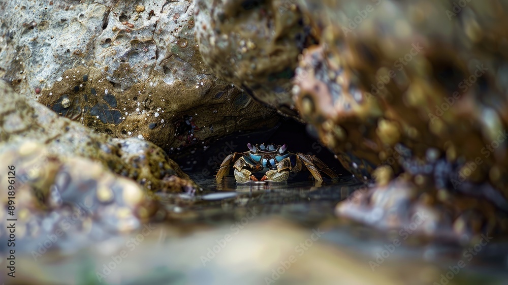 Close-up of crab hiding in rock crevice along shore Close-up of crab hiding in rock crevice along shore
