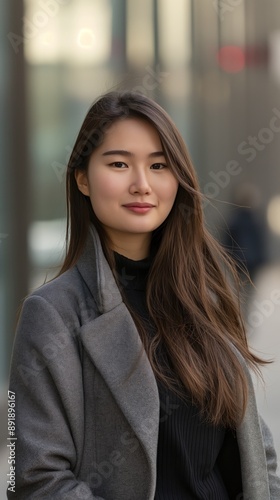 A young woman with long brown hair walks through a city, wearing a gray coat and black sweater