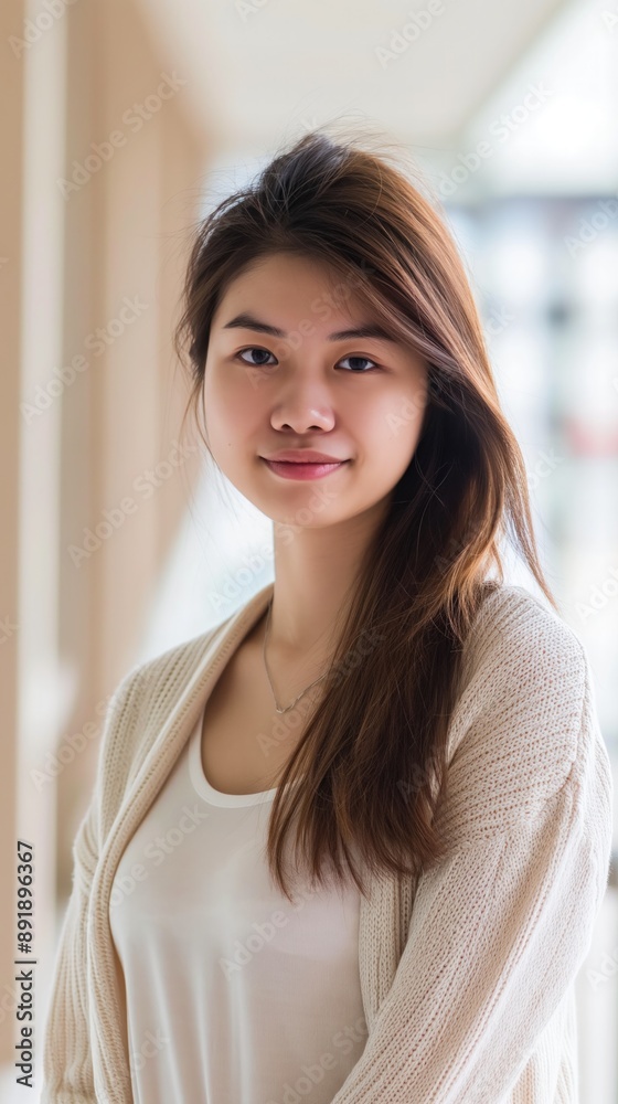 Young woman with long brown hair, smiling at camera Young woman with long brown hair, smiling at camera