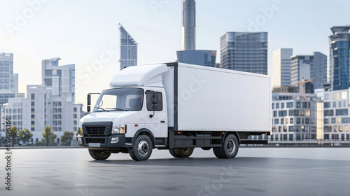 Delivery Truck Driving Through a Modern Cityscape