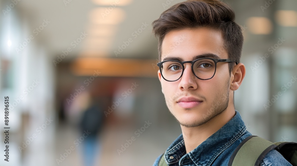 A young man in glasses stands in a hallway A young man in glasses stands in a hallway