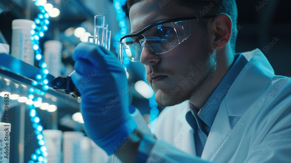 Researcher Positioning DNA Sample on Microscope. Researcher Positioning DNA Sample on Microscope.