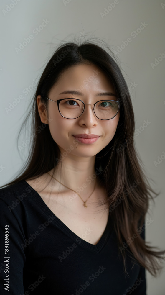 A young woman with long black hair smiles while wearing glasses A young woman with long black hair smiles while wearing glasses
