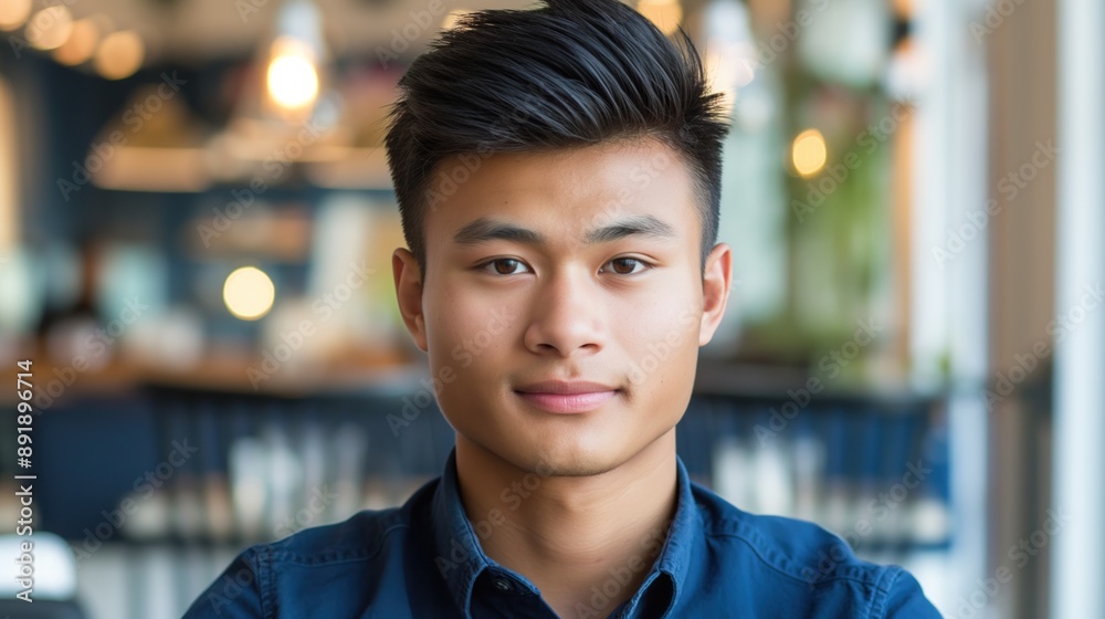 A young man with short black hair looks directly at the camera in a cafe