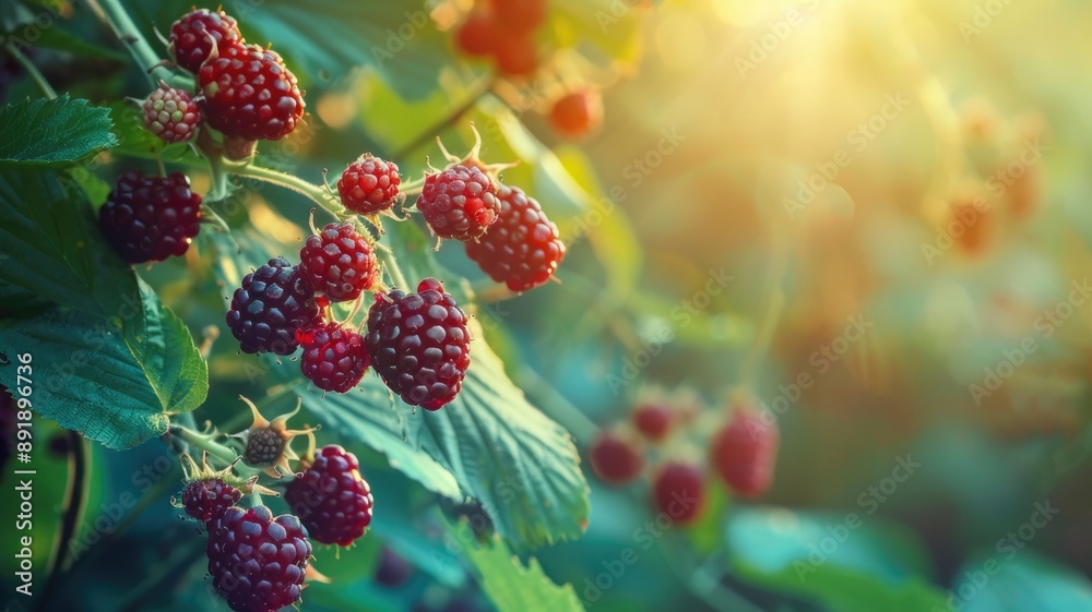 Sunlit ripe blackberries hang on bush with green leaves Sunlit ripe blackberries hang on bush with green leaves