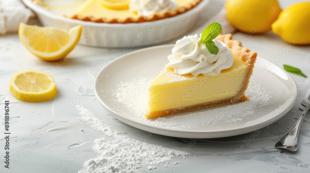 Slice of lemon tart with whipped cream, garnished mint Slice of lemon tart with whipped cream, garnished mint