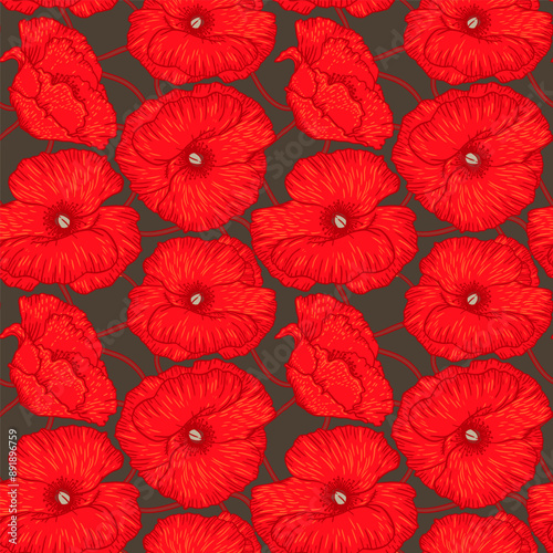 Art floral vector seamless pattern. Red poppies with orange leaves isolated o...