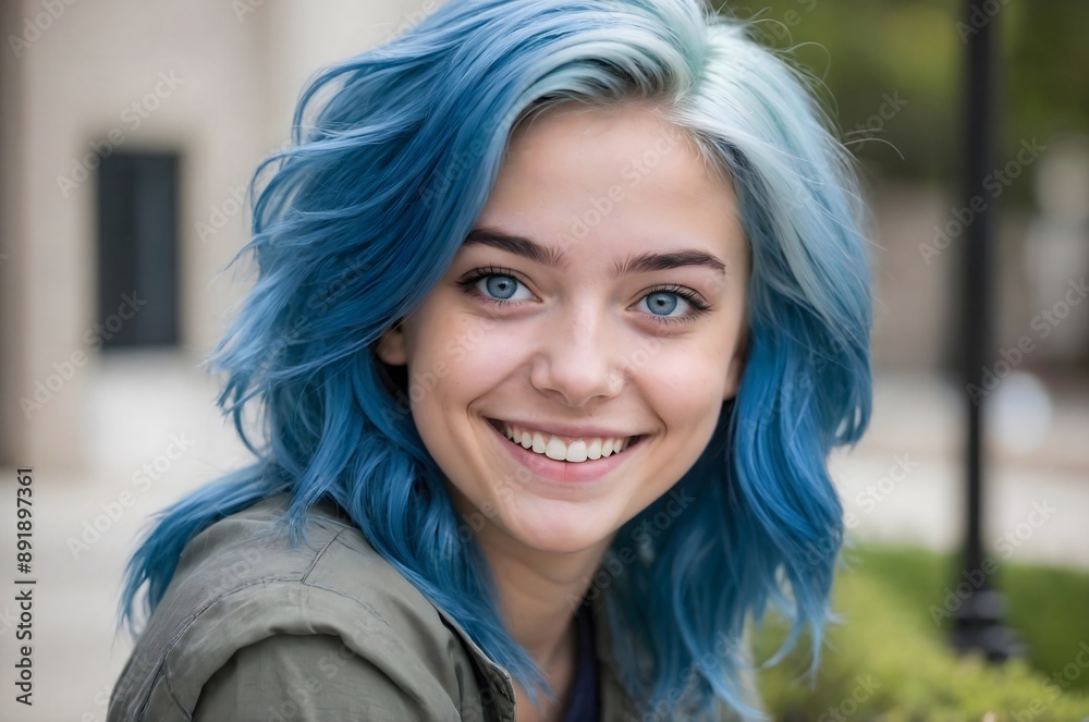 A girl with blue hair and blue eyes.Colored lenses to change the color of the eyes. A girl with blue hair and blue eyes.Colored lenses to change the color of the eyes.