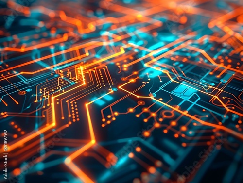 Futuristic digital scene with glowing neon lines and circuit board elements in orange and blue, illustrating abstract data flow.