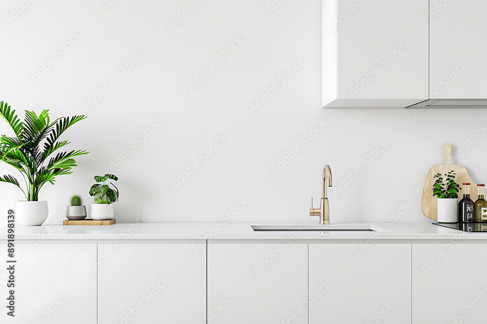 Fototapeta premium Modern Minimalist Kitchen with White Cabinets Mockup 
