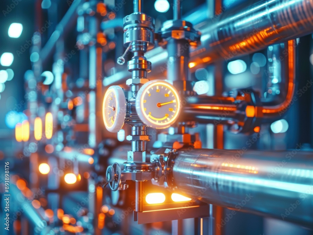 Fototapeta premium Pipes and gauges in an industrial setting. AI.