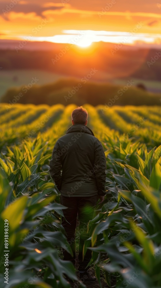 Fototapeta premium A person walks through a field of tall green plants as the sun sets in the distance. AI.