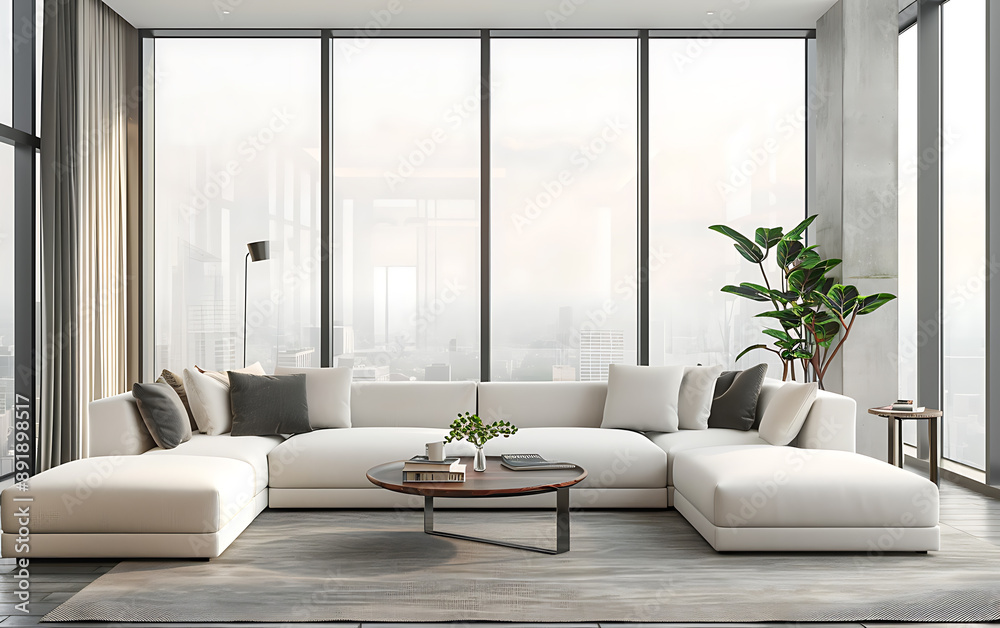 Fototapeta premium Modern Living Room with Floor-to-Ceiling Windows Mockup 