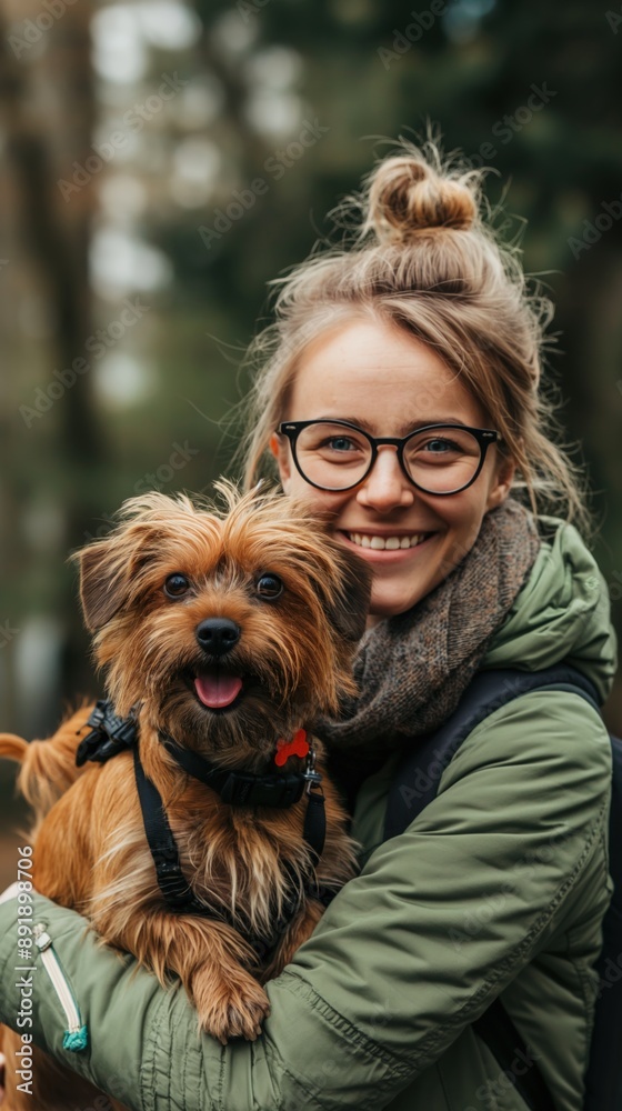 A woman wearing glasses smiles while holding a small dog in her arms A woman wearing glasses smiles while holding a small dog in her arms