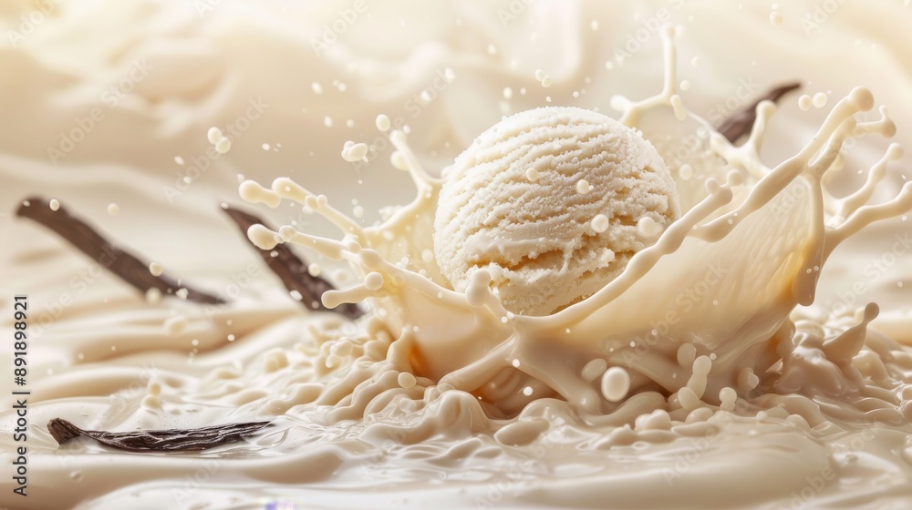 vanilla splash with ball of vanila ice cream inside isolated, make more background vanilla splash with ball of vanila ice cream inside isolated, make more background