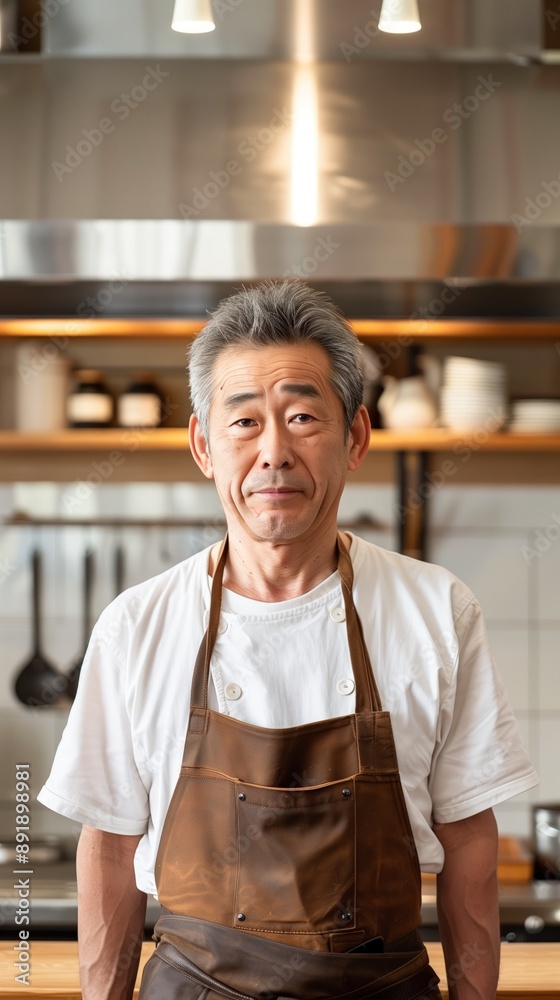 A senior male chef wearing a leather apron stands in a professional kitchen A senior male chef wearing a leather apron stands in a professional kitchen