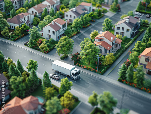 Suburban Neighborhood with a Delivery Truck on the Street