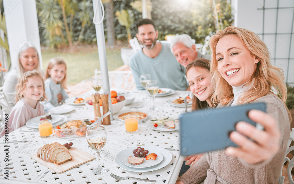 Selfie, woman and big family with happiness in backyard for photography, memory or social media post. Grandparents, children and generations for profile picture, lunch or bonding together at home Selfie, woman and big family with happiness in backyard for photography, memory or social media post. Grandparents, children and generations for profile picture, lunch or bonding together at home