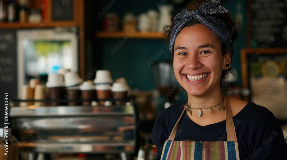 A barista smiles warmly while working at a coffee shop