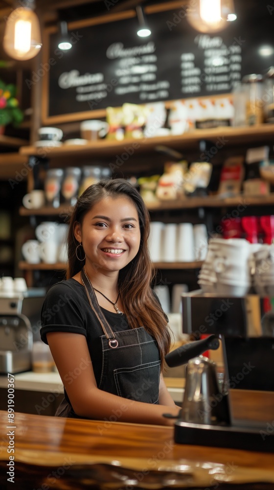 A smiling barista behind the counter at a coffee shop, ready to serve customers A smiling barista behind the counter at a coffee shop, ready to serve customers
