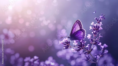 Fototapeta na wymiar Purple butterfly on lavender flowers against bokeh background
