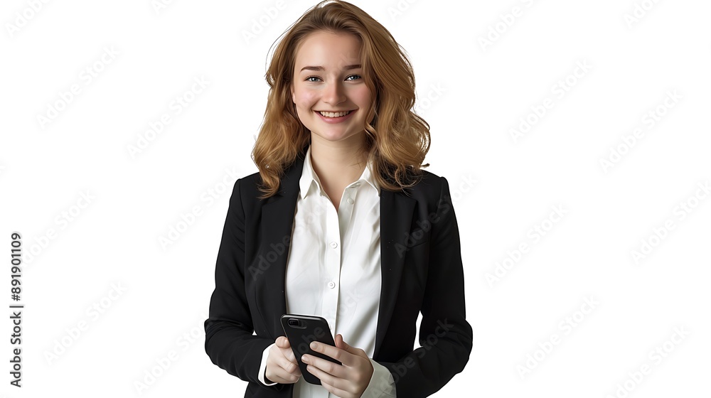 Woman in White Shirt and Black Suit Holding a Phone Smiling at Camera in Professional Office Setting Woman in White Shirt and Black Suit Holding a Phone Smiling at Camera in Professional Office Setting