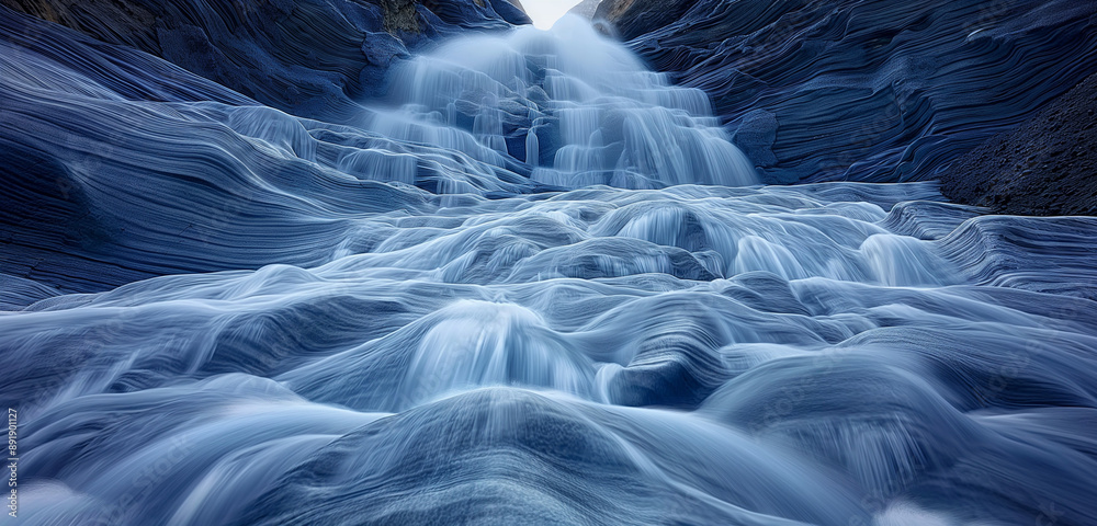 Fototapeta premium A realistic depiction of icy water flowing down a cascading waterfall, creating intricate patterns and shapes on the smooth rocks below, with the dynamic movement