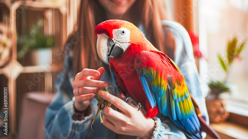 Woman Feeding and Caring for Vibrant Colorful Parrot Bird in Domestic Home Environment   Owner and Pet Friendship and Domestic Life Concept