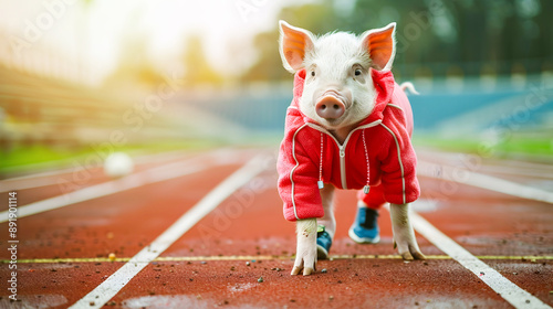 A playful and imaginative digital depicting a mischievous piglet wearing a vibrant sports tracksuit and one sneaker  standing confidently on a stadium running track  ready to sprint and compete