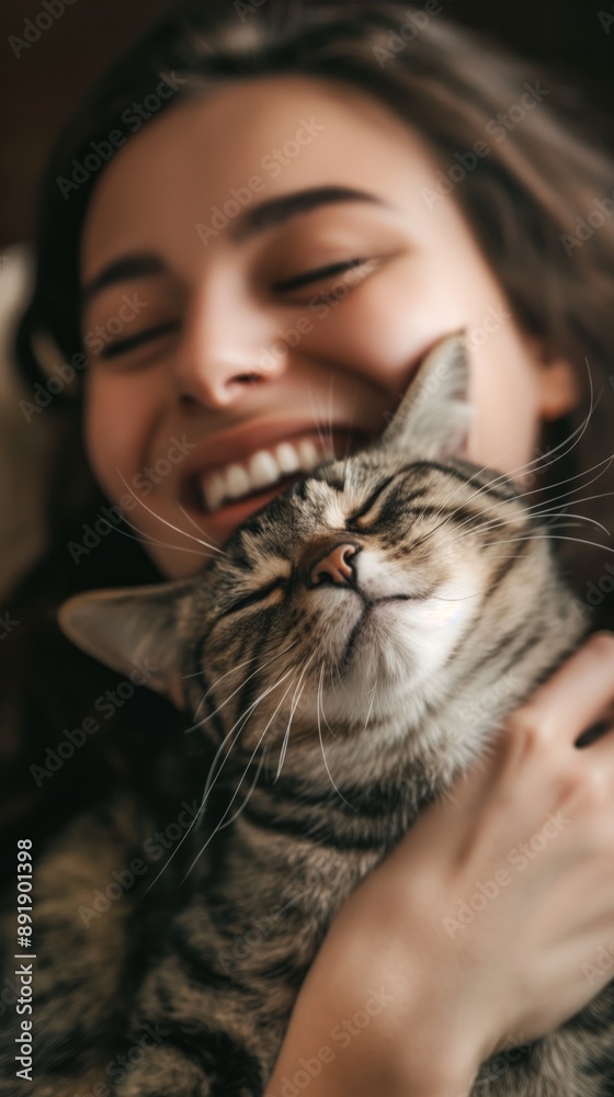 A woman laughs while holding a cat close to her face A woman laughs while holding a cat close to her face
