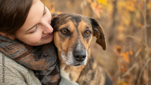 A woman hugs her dog in a field of autumn leaves