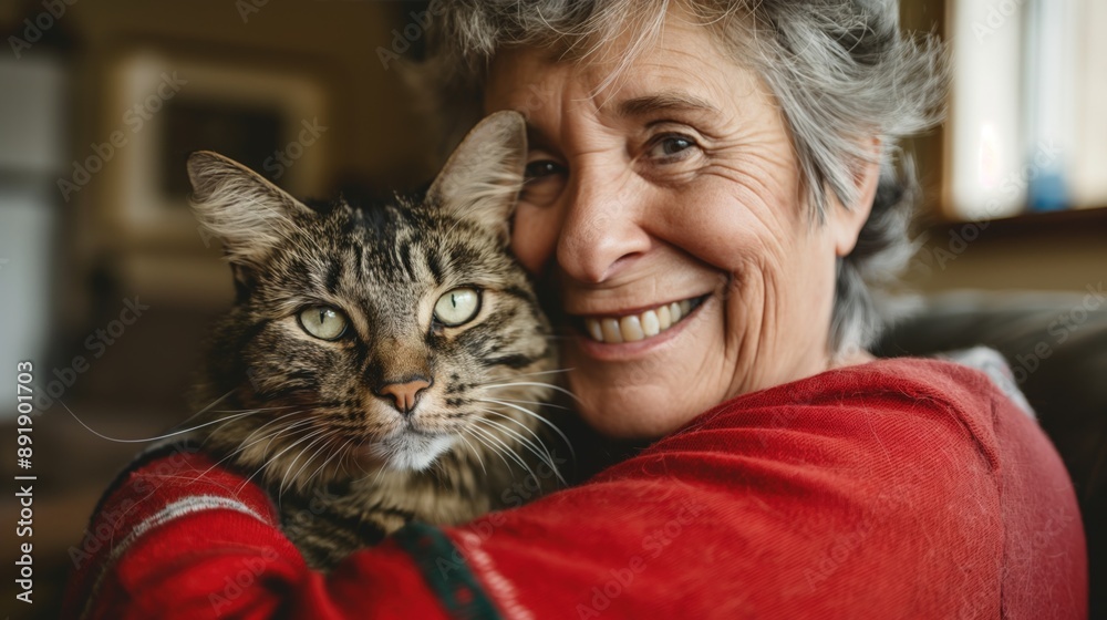 A senior woman with gray hair smiles while holding a tabby cat close to her A senior woman with gray hair smiles while holding a tabby cat close to her
