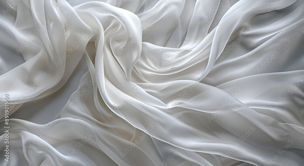 Obraz premium Delicate elegant silk in white color, softly developing in the air, on a light background.