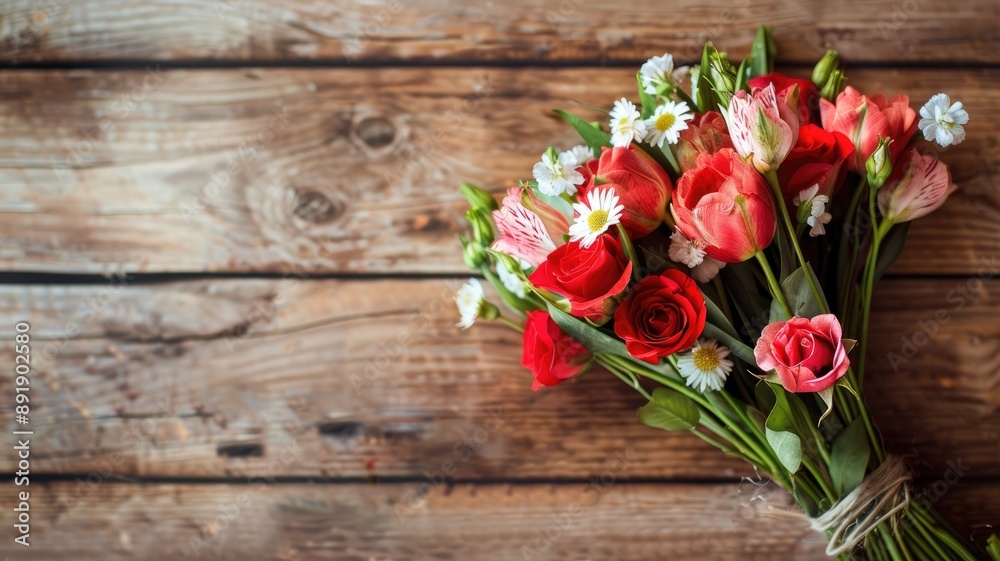Bundle of assorted fresh flowers tied together on wooden surface Bundle of assorted fresh flowers tied together on wooden surface