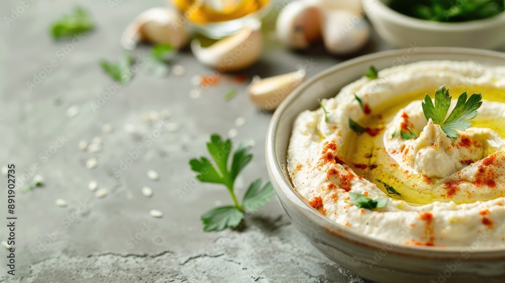Bowl of creamy hummus garnished with parsley and spices on textured surface Bowl of creamy hummus garnished with parsley and spices on textured surface