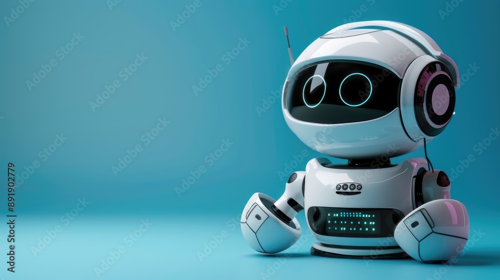 Cute cartoon-style robot with large eyes sitting against blue background Cute cartoon-style robot with large eyes sitting against blue background